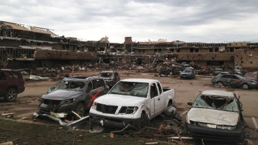 Debris and devastation laid in wake of a devastating tornado in Moore, Oklahoma.